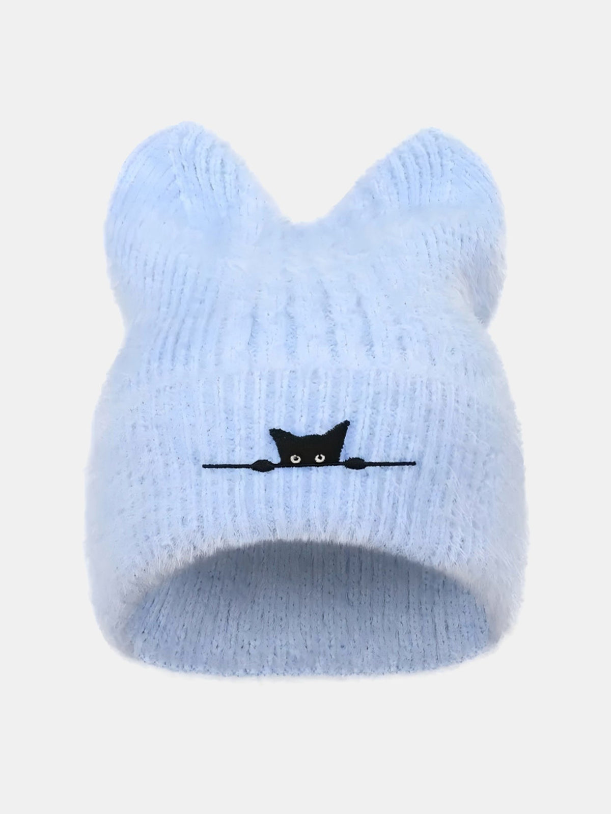 Gorro de pelúcia espessa com orelhas de gato e gato preto bordado