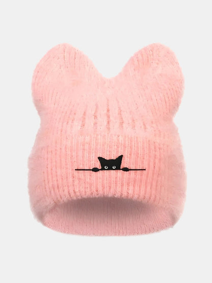 Gorro de pelúcia espessa com orelhas de gato e gato preto bordado